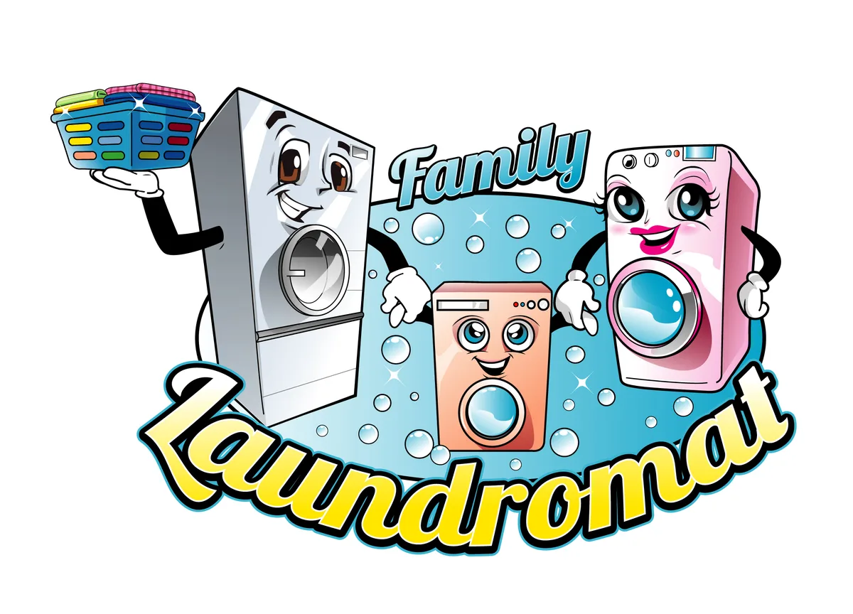 Family Laundromat mascots holding a basket of clean laundry
