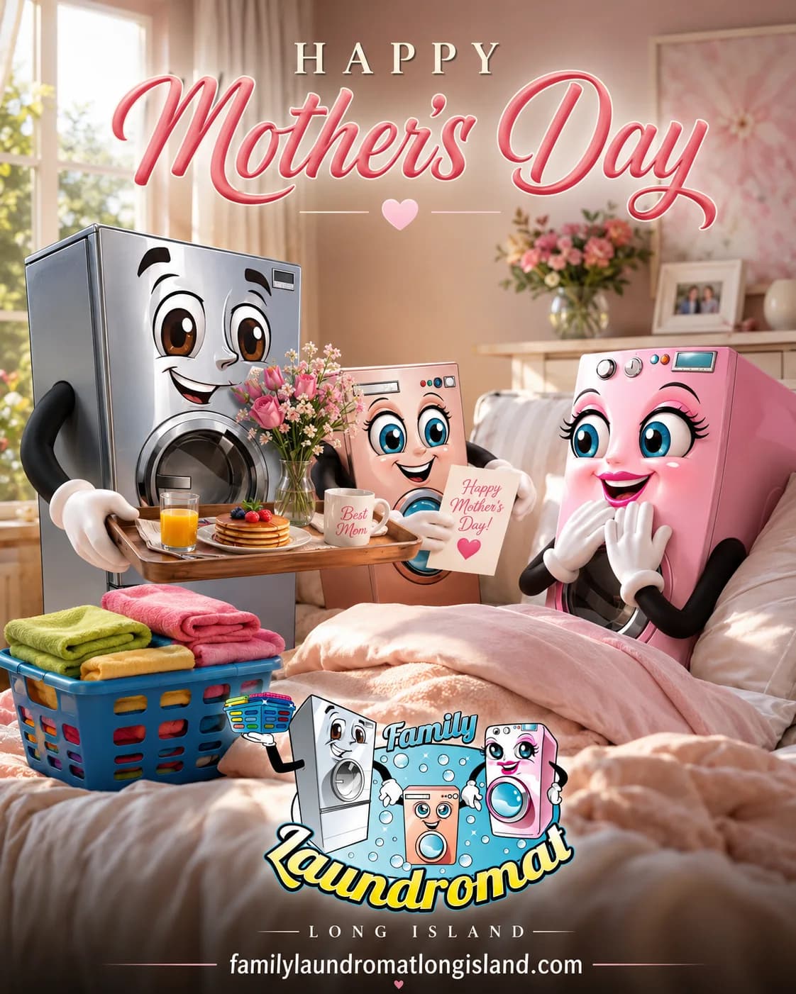 Family Laundromat Mother's Day Rose Plans campaign art with mascots